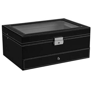 Ogrmar 12 Slot PU Leather Lockable Watch Storage Boxes, Men & Women Jewelry Display Drawer Case, 2-tier Organizer Watch Showcase with Glass Lid (Black)