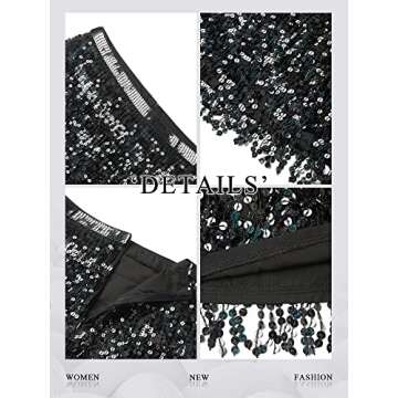 MYMORE Womens Sparkle Sequin Fringe Tassel Star Mini Skirt Black Belly Dance Short Girls ERAS Tour Festival Outfit L