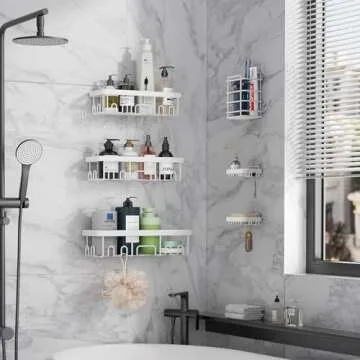 Veken Adhesive Shower Caddy 6-Pack,Heavy Weight Bearing,Large Wall Mounted Shower Shelves Rack,Organizer Storage Accessories with Soap Dish&Toothbrush Holder,Ideal for Bathroom,Home&Kitchen,White