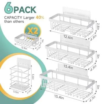 Veken Adhesive Shower Caddy 6-Pack,Heavy Weight Bearing,Large Wall Mounted Shower Shelves Rack,Organizer Storage Accessories with Soap Dish&Toothbrush Holder,Ideal for Bathroom,Home&Kitchen,White