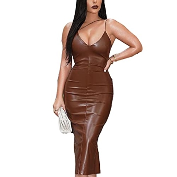 Women's Sexy Leather Spaghetti Straps Dress - Alluring Backless Midi Dress for Summer Events