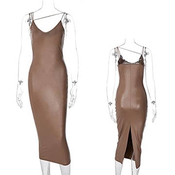 Stylish Women's Sexy Leather Spaghetti Strap Midi Dress