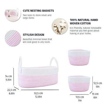 OrganiHaus Pink Baby Changing Basket, Nursery Storage Baskets for Shelves, Cotton Rope Basket w/Hand...