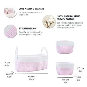 OrganiHaus Pink Baby Changing Basket, Nursery Storage Baskets for Shelves, Cotton Rope Basket w/Hand...