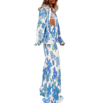 NUFIWI Women Y2K 2 Piece Pants Set Oversized Floral Printed Button Down Shirt High Waist Pants Outfi...