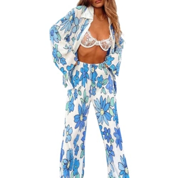 NUFIWI Women Y2K 2 Piece Pants Set Oversized Floral Printed Button Down Shirt High Waist Pants Outfits Summer Streetwear (A Floral Blue, Small)