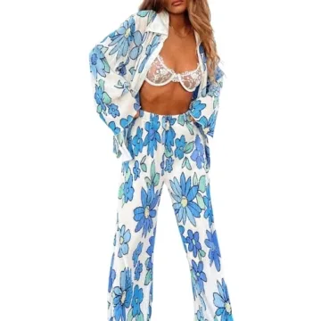 NUFIWI Women Y2K 2 Piece Pants Set Oversized Floral Printed Button Down Shirt High Waist Pants Outfits Summer Streetwear (A Floral Blue, Small)
