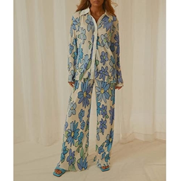 NUFIWI Women Y2K 2 Piece Pants Set Oversized Floral Printed Button Down Shirt High Waist Pants Outfits Summer Streetwear (A Floral Blue, Small)