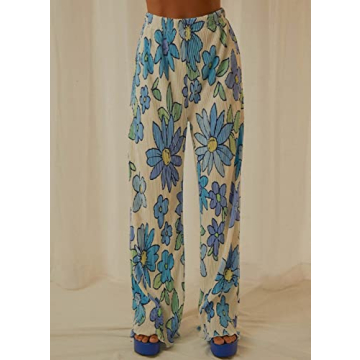NUFIWI Women Y2K 2 Piece Pants Set Oversized Floral Printed Button Down Shirt High Waist Pants Outfits Summer Streetwear (A Floral Blue, Small)