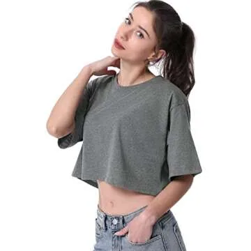 Cosy Pyro 4-Pack Women's Cotton Crop T-Shirts Short Sleeve Solid Cropped Athletic Top Round Neck Casual Workout Yoga Tees Black/White/Gray/Navy L