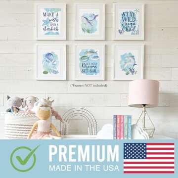 6 Reversible 8x10 Watercolor Ocean Wall Art Prints, Beach Wall Decor For Bedroom Posters For Kids, B...