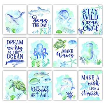 6 Reversible 8x10 Watercolor Ocean Wall Art Prints, Beach Wall Decor For Bedroom Posters For Kids, Beach Bathroom Decor Wall Art Prints, Ocean Wall Decor For Room Posters, Beach Party Decorations For