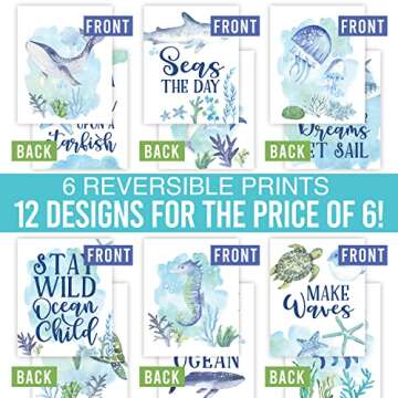 6 Reversible 8x10 Watercolor Ocean Wall Art Prints, Beach Wall Decor For Bedroom Posters For Kids, Beach Bathroom Decor Wall Art Prints, Ocean Wall Decor For Room Posters, Beach Party Decorations For