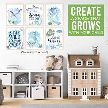 6 Reversible 8x10 Watercolor Ocean Wall Art Prints, Beach Wall Decor For Bedroom Posters For Kids, Beach Bathroom Decor Wall Art Prints, Ocean Wall Decor For Room Posters, Beach Party Decorations For