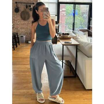 Himosyber Women Cotton Pants Wide Leg Pants Casual Loose Drawstring Low Waist Beach Palazzo Harem Pants (Dustyblue-M)