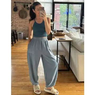 Himosyber Women Cotton Pants Wide Leg Pants Casual Loose Drawstring Low Waist Beach Palazzo Harem Pants (Dustyblue-M)