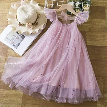 NNJXD Flower Girl Princess Dress Sparkle Dots Tulle Summer Casual Wear 1954 Pink Size(120) 4-5 Years