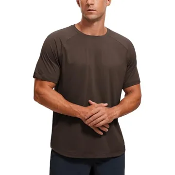 CRZ YOGA Men’s Lightweight Athletic T-Shirts - Breathable and Comfortable Gym Tops in Hot Fudge Br...