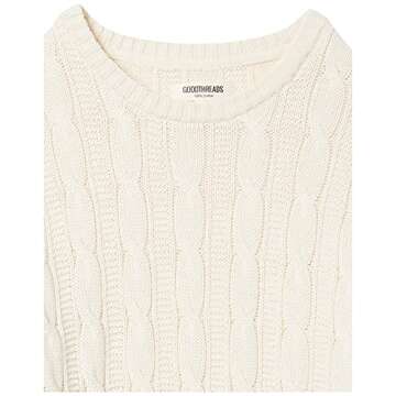 Goodthreads Men's Soft Cotton Cable Stitch Crewneck Sweater, Off-White, Small