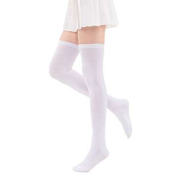 Women's Casual Over Knee High Socks Solid Knit Cotton Cosplay Thigh High Stockings(#1 White)