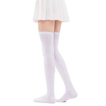 Women's Casual Over Knee High Socks Solid Knit Cotton Cosplay Thigh High Stockings(#1 White)