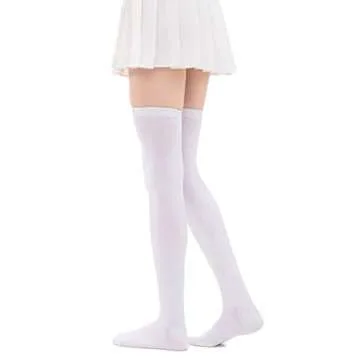 Women's Casual Over Knee High Socks Solid Knit Cotton Cosplay Thigh High Stockings(#1 White)