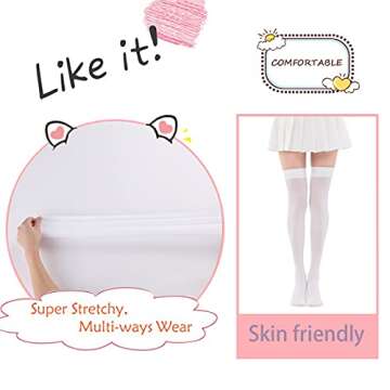 Women's Casual Over Knee High Socks Solid Knit Cotton Cosplay Thigh High Stockings(#1 White)