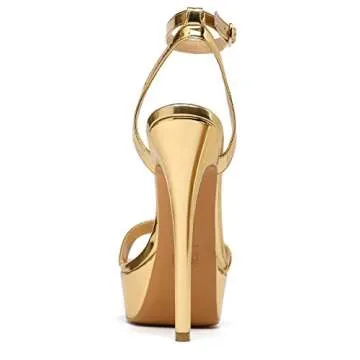 SAMMITOP Women's Platform Heels Stilettos Open Toe Ankle Strap Sandals for Wedding Bridal Party Evening Gold 7 US