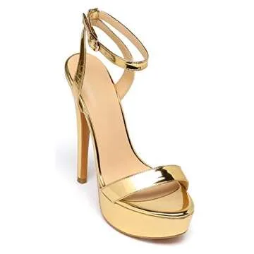 SAMMITOP Women's Platform Heels Stilettos Open Toe Ankle Strap Sandals for Wedding Bridal Party Evening Gold 7 US