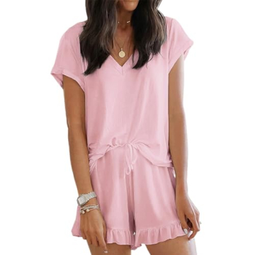 LuckyMore Womens Pajama Sets Short Sleeve V Neck Sleep Shirt and Shorts 2 Piece Lounge Sets bridesma...