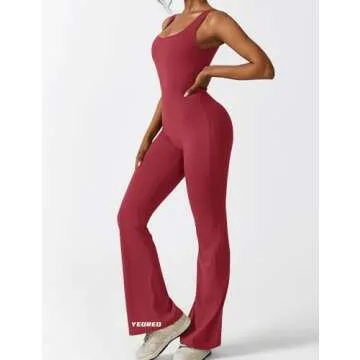 YEOREO Women Sleeveless Flare Jumpsuits Sexy Backless Gym Bodycon Scrunch Butt Yoga Rompers V Back Lizvette Burgundy X-Small