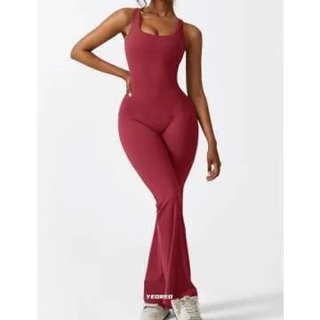 YEOREO Women Sleeveless Flare Jumpsuits Sexy Backless Gym Bodycon Scrunch Butt Yoga Rompers V Back Lizvette Burgundy X-Small