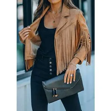 loveimgs Women Faux Suede Fringe Jacket Western Tassel Cropped Jacket Biker Motorcycle Leather Jacket (Small, Camel)