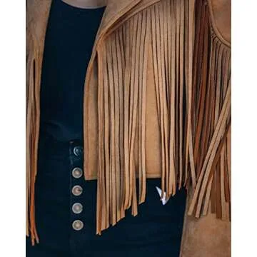 loveimgs Women Faux Suede Fringe Jacket Western Tassel Cropped Jacket Biker Motorcycle Leather Jacket (Small, Camel)