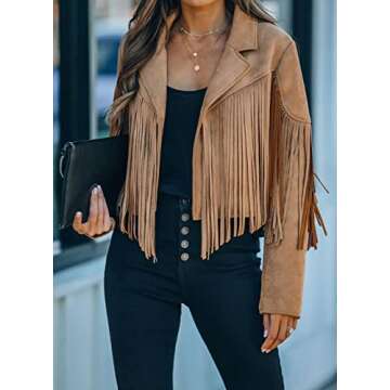 loveimgs Women Faux Suede Fringe Jacket Western Tassel Cropped Jacket Biker Motorcycle Leather Jacket (Small, Camel)