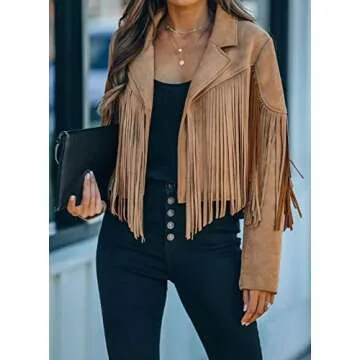 loveimgs Women Faux Suede Fringe Jacket Western Tassel Cropped Jacket Biker Motorcycle Leather Jacket (Small, Camel)
