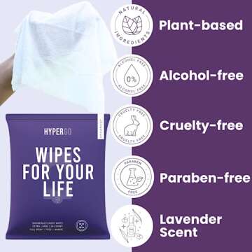 HyperGo Body Wipes - No Rinse Wet Wipes for Adults, All Natural Shower Bathing Wipes, Refreshing Body and Face Cleansing Wipes for Women and Men, 20 Extra Large Disposable Washcloths, 12x12 Lavender