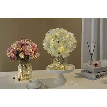 Artificial LED Pink Rose Flowers with Glass Vase, Flower Arrangement for Table Centerpiece, Home Office Wedding Decoration