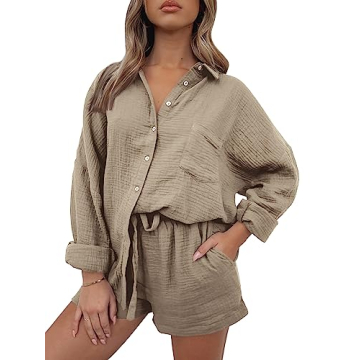 AUTOMET 2 Piece Sets For Women Lounge Wear Matching Two Piece Pajama Fashion Oversized Shirts And Sh...