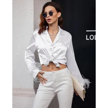 Ekouaer Bridal Feather Trim Silk Satin Pajama Set White