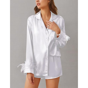 Ekouaer Bridal Feather Trim Silk Satin Pajama Set White