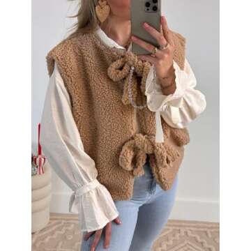 YEMOCILE Leopard Print Tie Front Fuzzy Fleece Vest for Women Oversized Sleeveless Sherpa Jacket Lightweight Warm Outerwear Brown