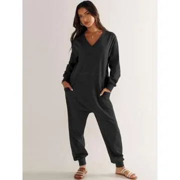 ANRABESS Jumpsuits for Women 2024 Fall Long Sleeve Casual Loose Fit Romper Lounge One Piece Pajamas Outfits Jumper Black Large