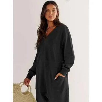ANRABESS Jumpsuits for Women 2024 Fall Long Sleeve Casual Loose Fit Romper Lounge One Piece Pajamas Outfits Jumper Black Large