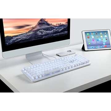 CC MALL Gaming Keyboard,Retro Punk Typewriter-Style, Blue Switches, White Backlight, USB Wired, for PC Laptop Desktop Computer, for Game and Office, Stylish White Mechanical Keyboard