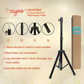 NAYOO Wig Stand Tripod Metal Adjustable Mannequin Head Stand Holder for Canvas Block Head Hairdressing Cosmetology Enhanced Version Training Wig Head Stand with Smartphone Clamp Mount