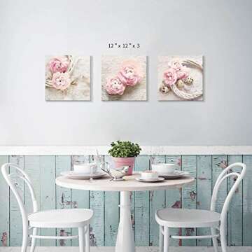 Floral Picture Canvas Wall Art: Pink Peony Flower Wreath Photographic Prints for Decor (12”x12”x...