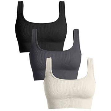 OQQ Women's 3 Piece Medium Support Tank Top Ribbed Seamless Sport Bra Set