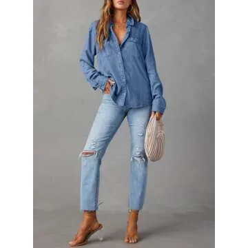 Astylish Womens Denim Button Up Shirt Chambray Blouse V Neck Lightweight Long Sleeve Soft Jean Shirt...