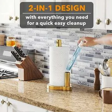 SpaceAid SprayNeat Paper Towel Holder with Spray Bottle, Countertop Paper Towels Dispenser Stand with Sprayer Inside Center, Under Cabinet Papertowels Roller for Kitchen (Gold)